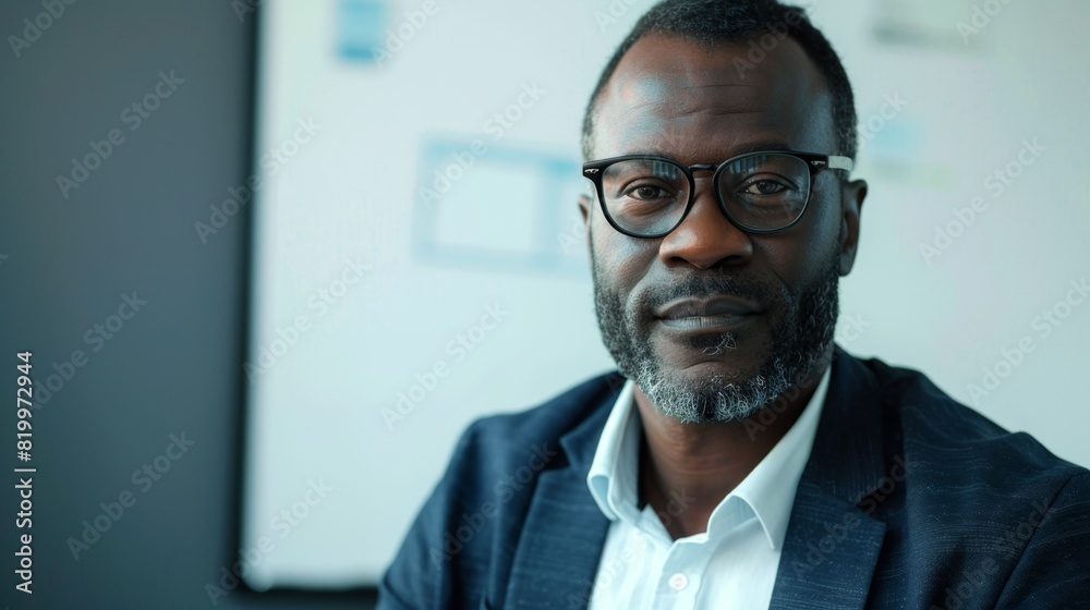 A man with a beard and glasses wearing a blue suit sitting in front of a whiteboard with a presentation. A man with a beard and glasses wearing a blue suit sitting in front of a whiteboard with a presentation.