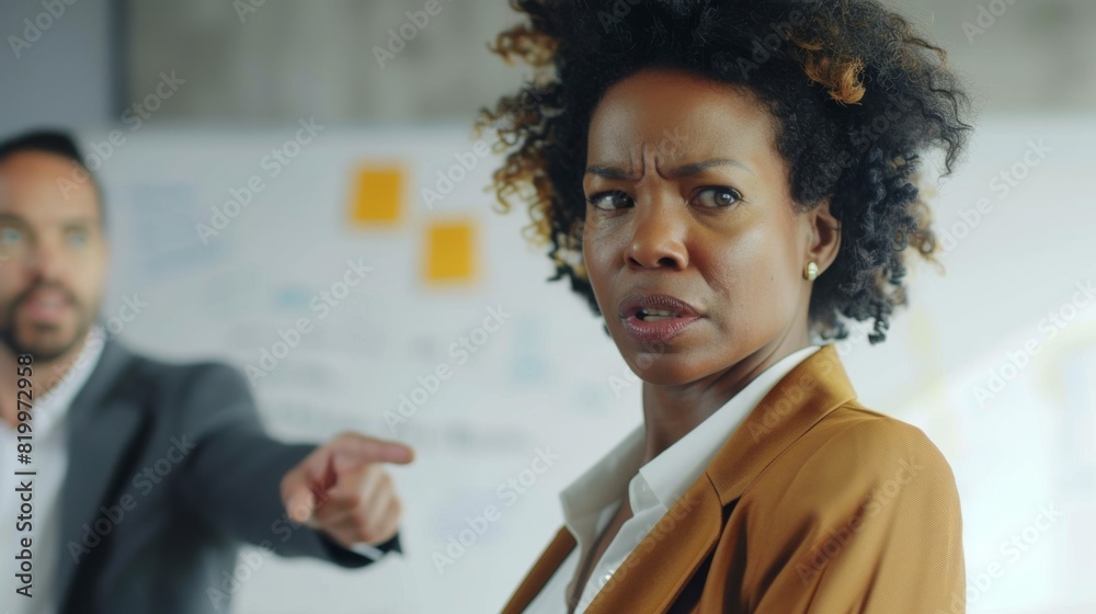 A woman with curly hair wearing a brown blazer looking surprised or questioning with a man in a suit pointing at her in a meeting room. A woman with curly hair wearing a brown blazer looking surprised or questioning with a man in a suit pointing at her in a meeting room.