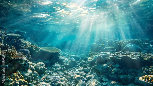 Underwater view of the deep sea  showcasing rocks and corals with sunlight filtering through the water. 