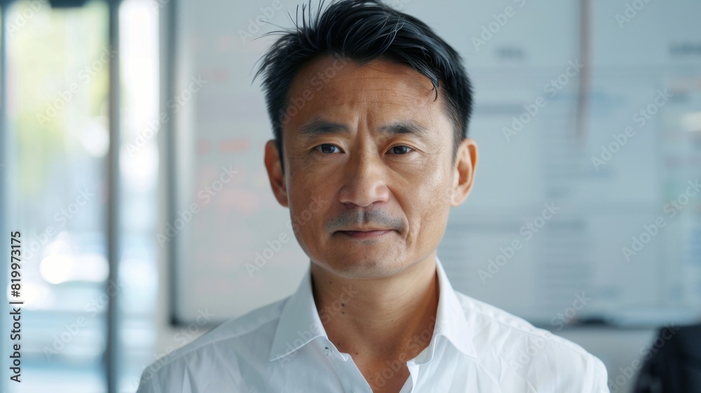 A man with a serious expression wearing a white shirt standing in front of a whiteboard with writing on it. A man with a serious expression wearing a white shirt standing in front of a whiteboard with writing on it.