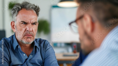 A man with a beard and gray hair wearing a blue shirt frowning and looking to the side possibly in a meeting or office setting.