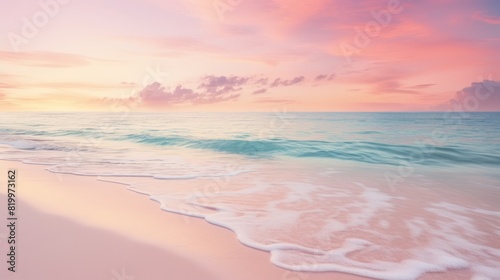 Beautiful sunrise beach. Exotic shore  waves on bright sand  sea horizon. Closeup  Mediterranean dream  sunset sky. Peaceful tranquil relax. Positive energy meditation. High quality photo