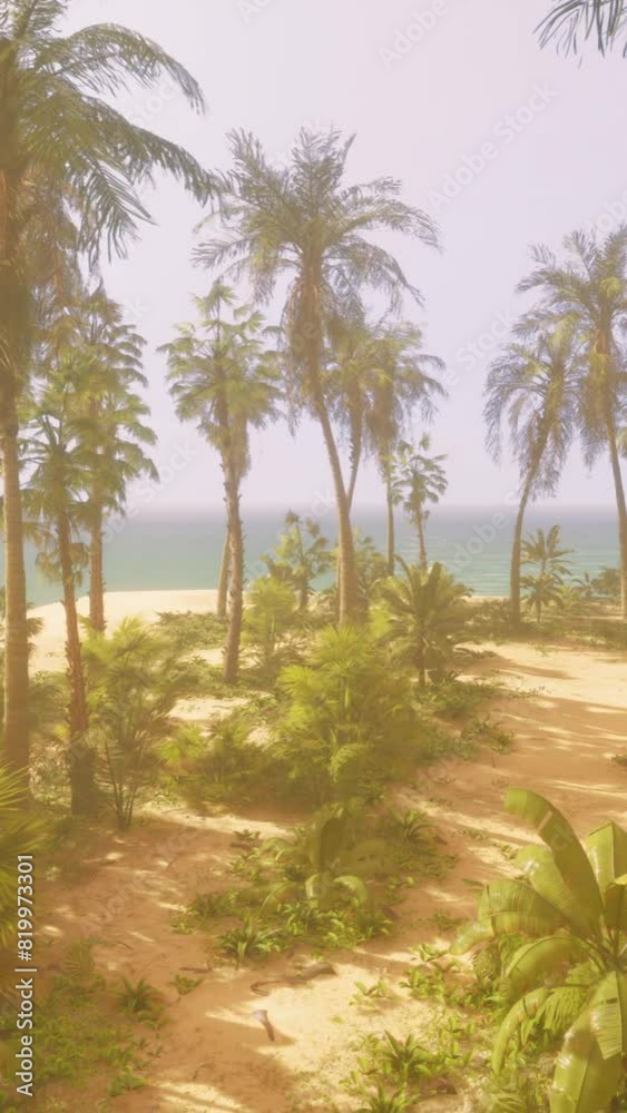 A tropical paradise beach with palm trees and crystal clear ocean waters