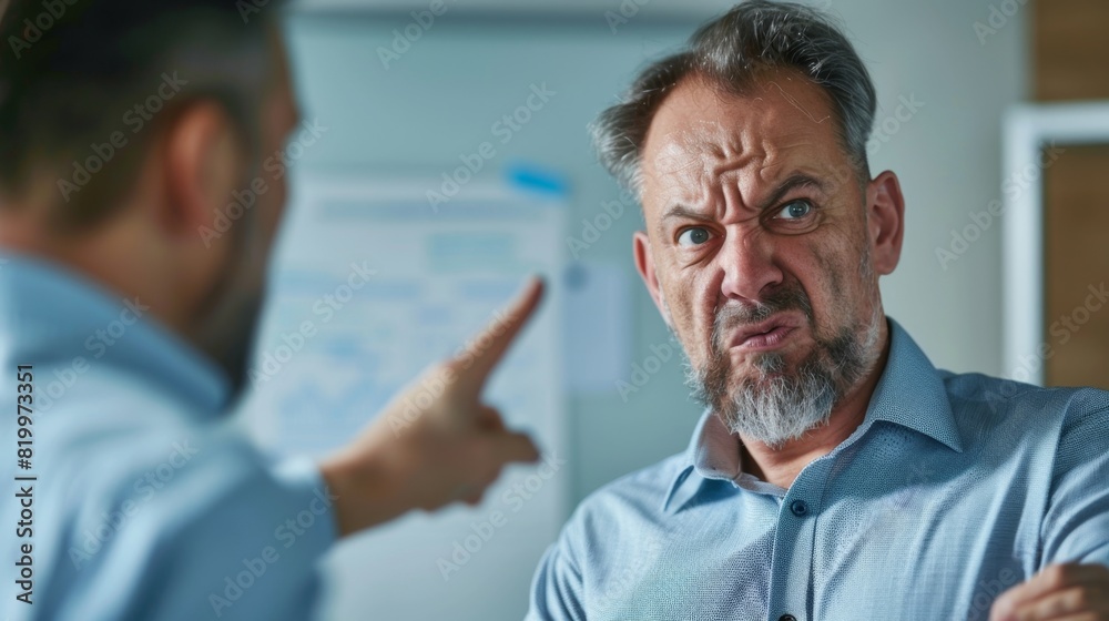 Man with a beard and mustache making a disgusted face while another man points at him. Man with a beard and mustache making a disgusted face while another man points at him.