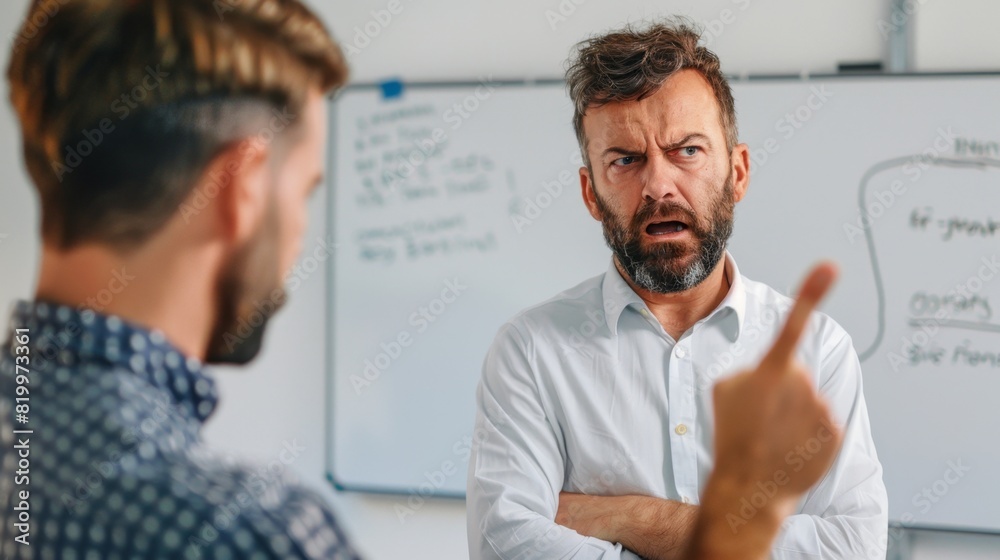 Fototapeta premium A man with a beard and mustache wearing a white shirt pointing at a whiteboard with a surprised or shocked expression on his face while another man
