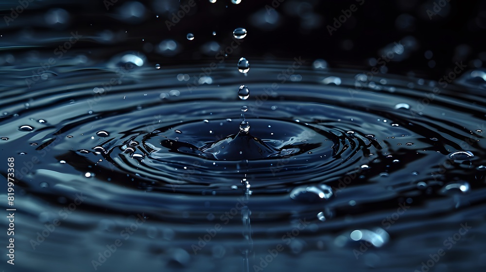 Water droplets falling on a water surface, creating ripples and forming an oval pattern.
