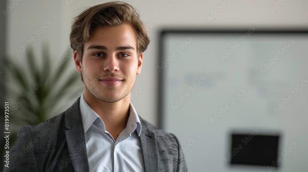 Obraz premium Young man with a slight smile wearing a light blue shirt and a dark suit jacket standing in an office setting with a blurred whiteboard in the background.