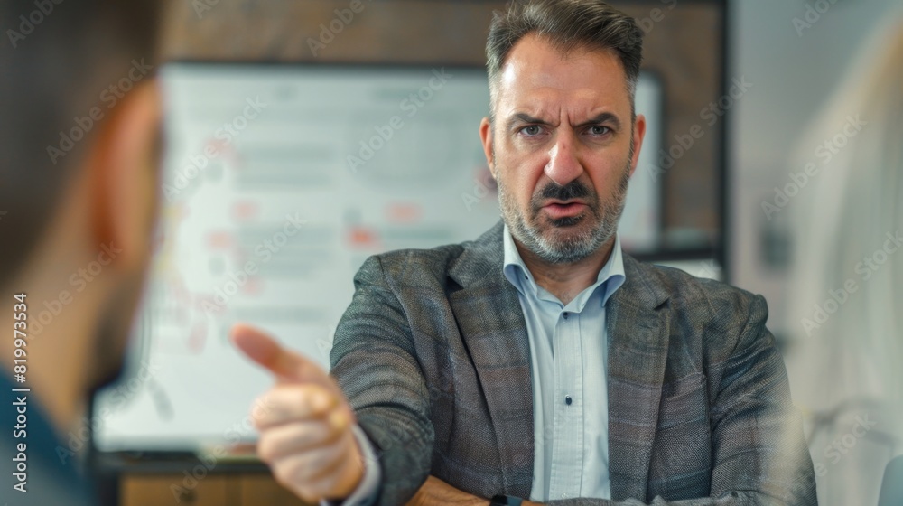A man in a suit with a beard pointing and making a stern expression possibly in a meeting or presentation. A man in a suit with a beard pointing and making a stern expression possibly in a meeting or presentation.