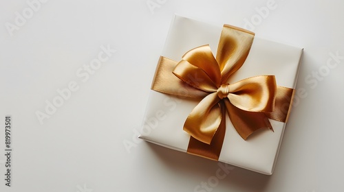 White gift box with a golden ribbon on a white background, shown from a top view, as a copy space concept for a Happy Mother's Day or Women’s Day banner design template.  © horizon