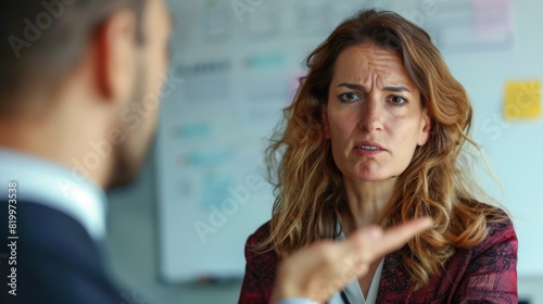 A woman with a concerned expression listening intently to a man who is gesturing with his finger in a professional setting with a whiteboard in the background.