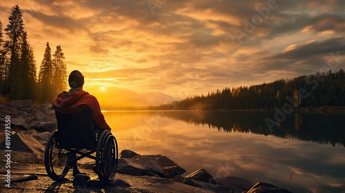 A wheelchair user appreciates a beautiful, vibrant landscape, a testament to adventure and exploration, regardless of disability photo
