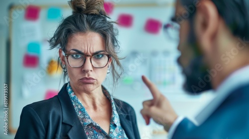 A woman with a stern expression wearing glasses and a floral blouse stands in an office with a man pointing at her suggesting a tense or confrontational situation. photo