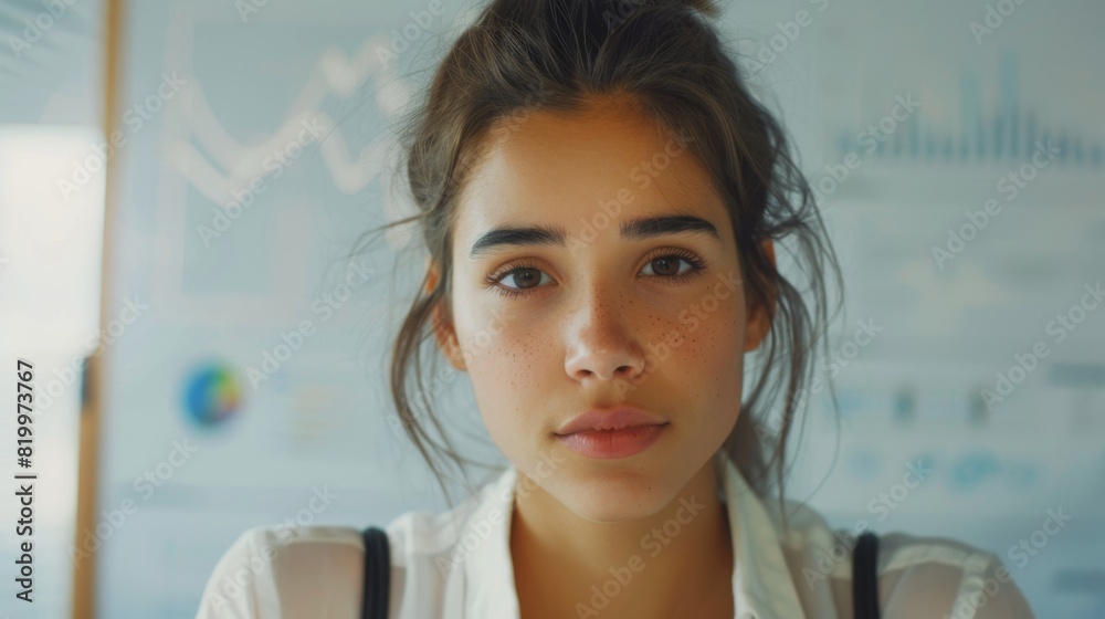 Young woman with freckles wearing a white blouse looking directly at the camera with a neutral expression set against a backdrop of a blu rred office environment with graphs and charts. Young woman with freckles wearing a white blouse looking directly at the camera with a neutral expression set against a backdrop of a blu rred office environment with graphs and charts.