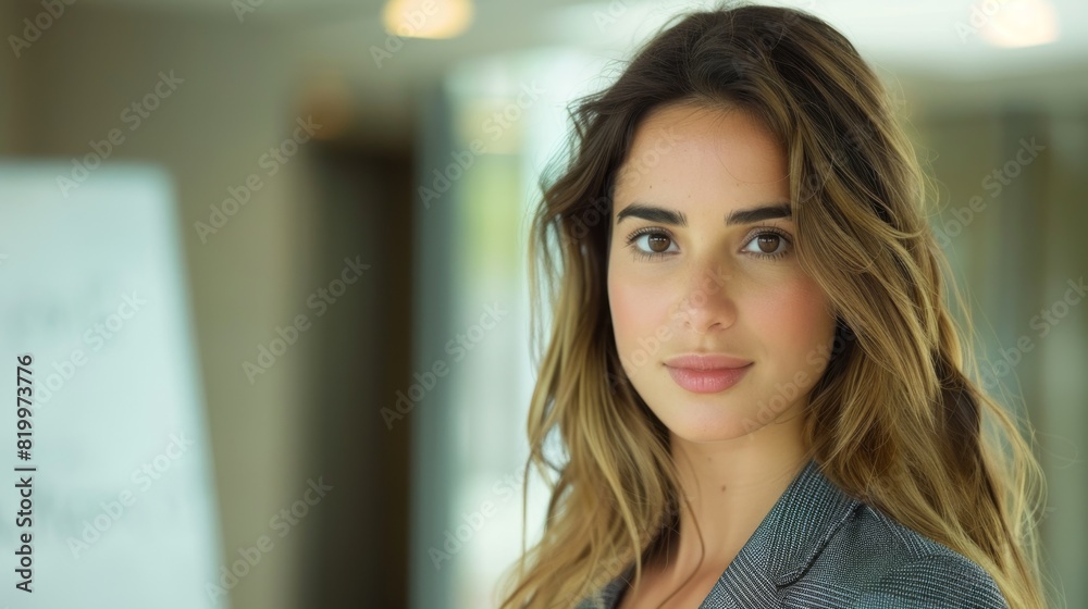 Beautiful young woman with long wavy brown hair wearing a blue blazer looking directly at the camera with a gentle smile. Beautiful young woman with long wavy brown hair wearing a blue blazer looking directly at the camera with a gentle smile.