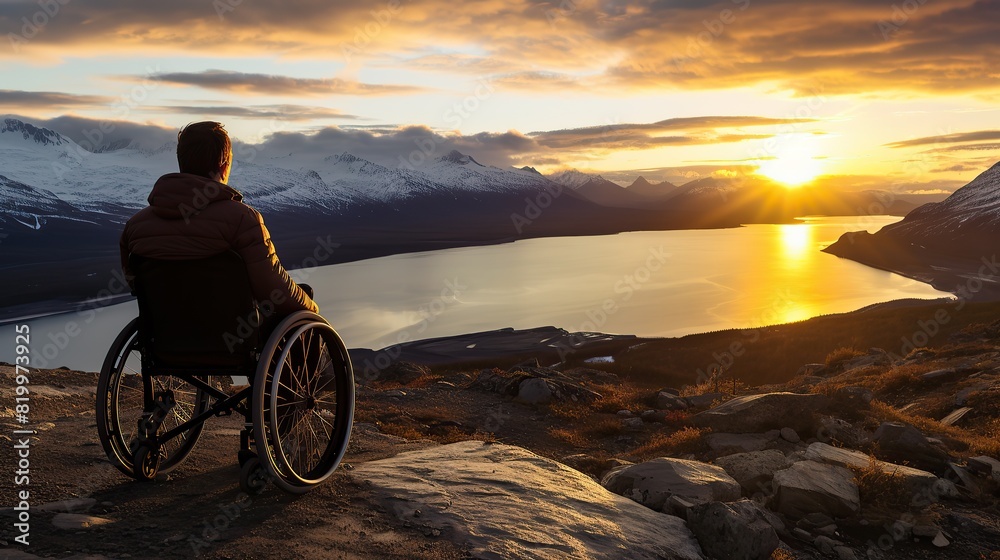 Fototapeta premium A wheelchair user appreciates a beautiful, vibrant landscape, a testament to adventure and exploration, regardless of disability