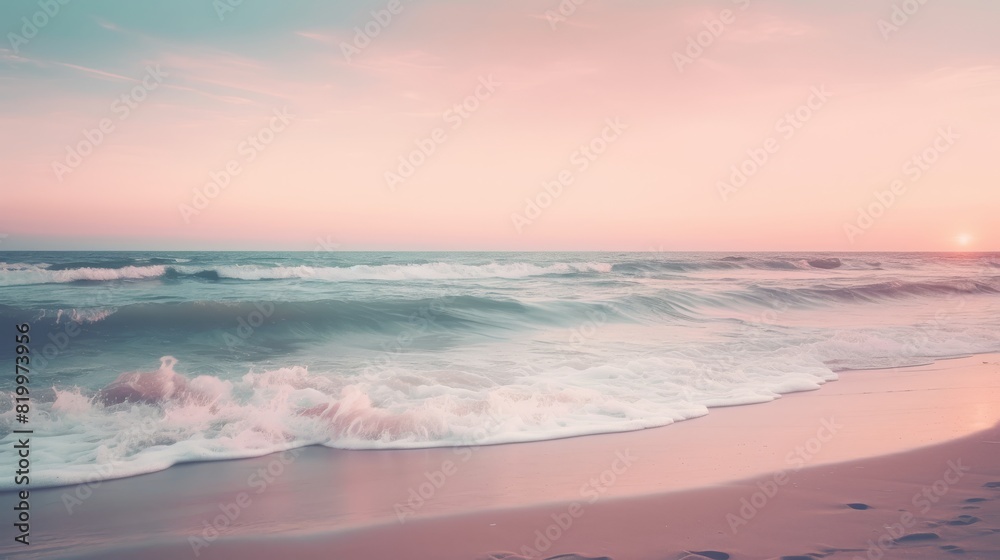 Obraz premium Beautiful sunrise beach. Exotic shore, waves on bright sand, sea horizon. Closeup, Mediterranean dream, sunset sky. Peaceful tranquil relax. Positive energy meditation. High quality photo