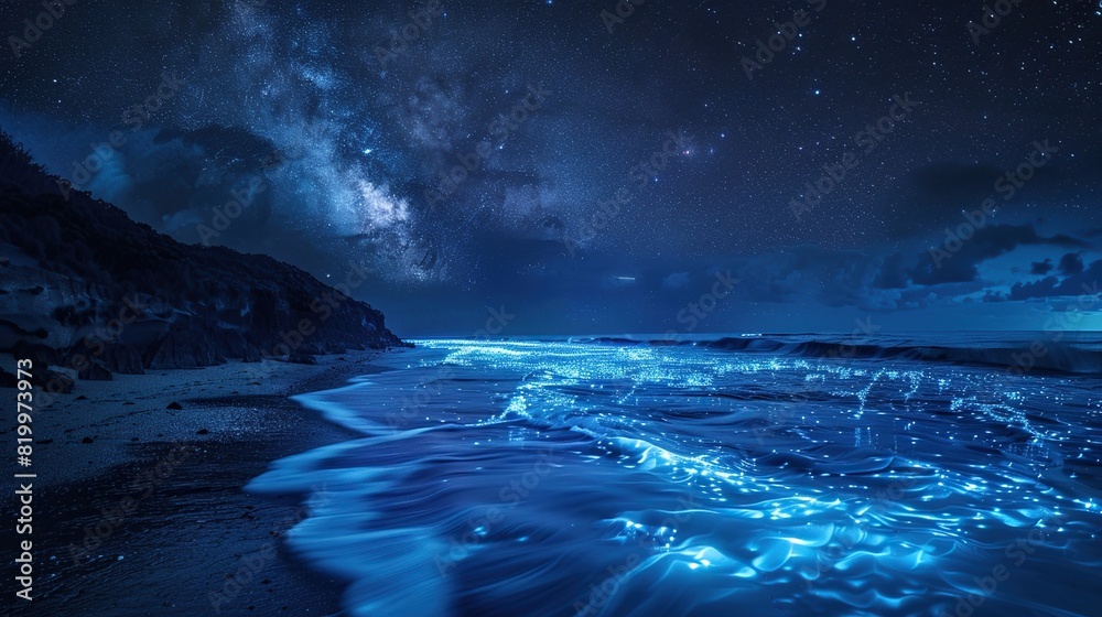 This is a photo of a beach with glowing blue waves at night.

