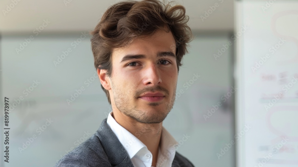 A young man with curly hair and a beard wearing a suit and tie standing in a room with whiteboards. A young man with curly hair and a beard wearing a suit and tie standing in a room with whiteboards.