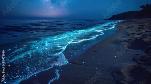 This is a photo of a beach with glowing blue waves at night.