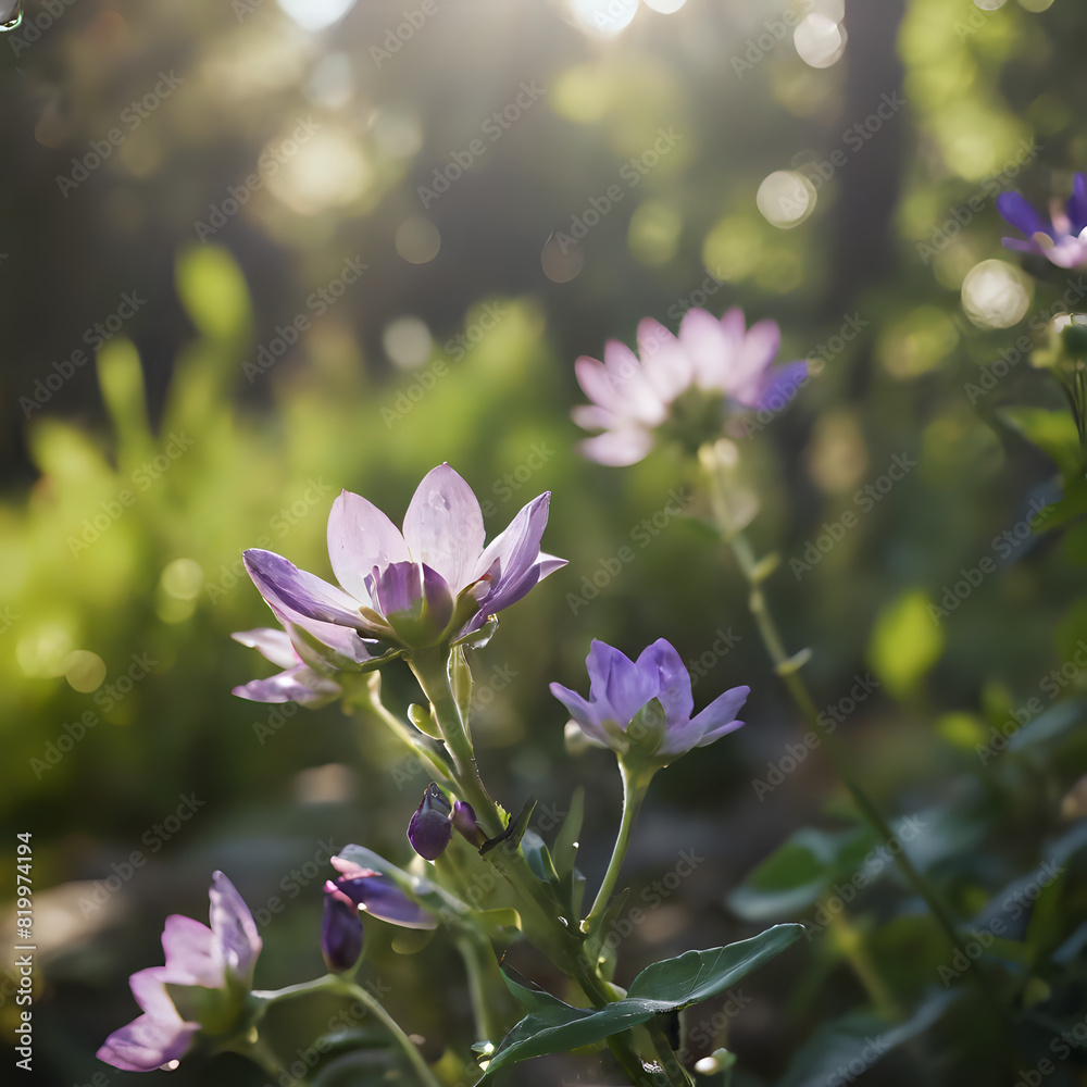 purple flowers in a field with the sun shining through the trees