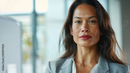 A woman with long dark hair wearing a light blue blazer looking directly at the camera with a serious expression.