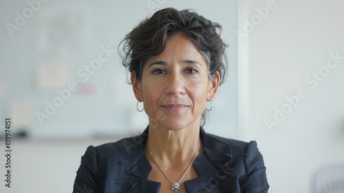 A woman with short curly hair wearing a black blazer a silver necklace and hoop earrings sitting in a room with a white wall and a blurred background. photo