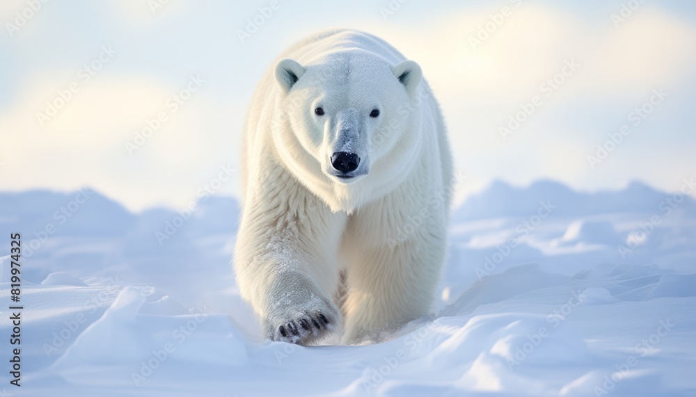 Polar bears walks in extreme winter weather, standing above snow with a view of the frost mountains Polar bears walks in extreme winter weather, standing above snow with a view of the frost mountains