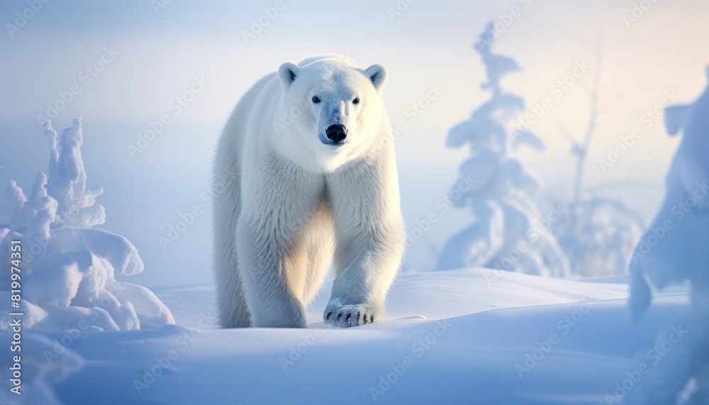 Polar bears walks in extreme winter weather, standing above snow with a view of the frost mountains Polar bears walks in extreme winter weather, standing above snow with a view of the frost mountains