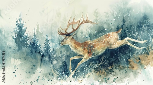 A watercolor painting of a deer leaping through a snowy forest.  