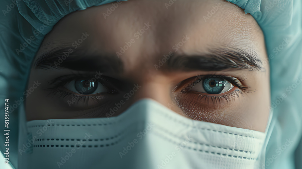 Detailed close-up of a doctor with a serious expression, focusing on the eyes, wearing surgical mask and cap.
