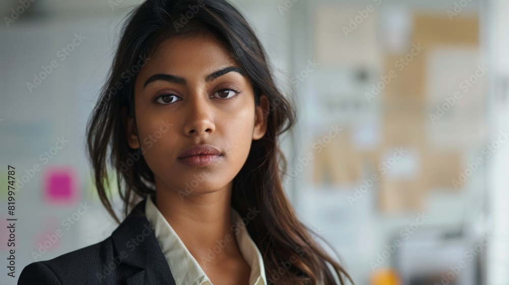 Fototapeta premium A young woman with dark hair wearing a professional black blazer looking directly at the camera with a neutral expression set against a blurred background of a modern office with whiteboards