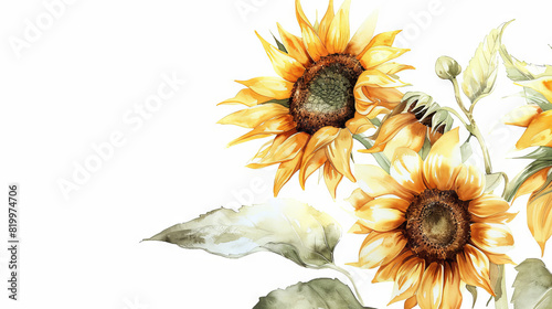 painting watercolor flower background illustration floral nature. Yellow sunflowers  flower background for greeting cards weddings or birthdays. Copy space. 