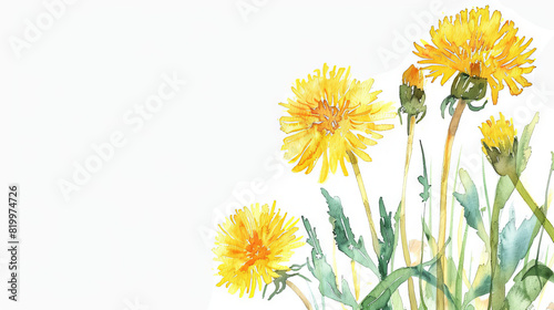 painting watercolor flower background illustration floral nature. Yellow dandelions  flower background for greeting cards weddings or birthdays. Copy space. 