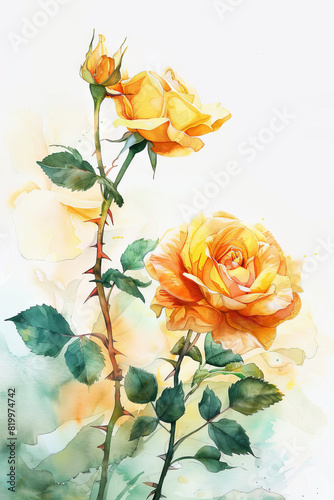painting watercolor flower background illustration floral nature. Yellow roses  flower background for greeting cards weddings or birthdays. Copy space. 