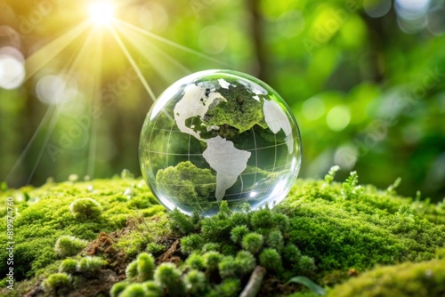 Crystal globe with circular economy icon on moss, Circulating in an endless cycle, Business and world sustainable environment concept