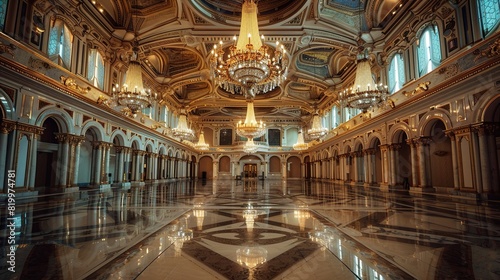 Interior of a large, brightly lit ballroom with a shiny marble floor, gold columns, and several large chandeliers hanging from the ceiling.