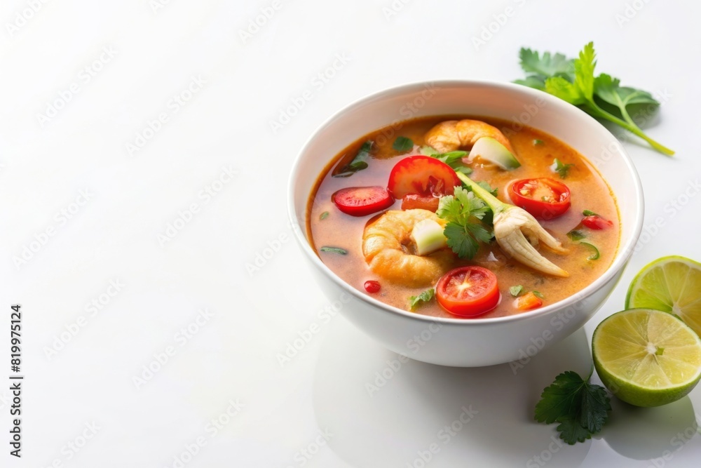 Thai food, Tom Yam Kung in white bowl on white background. Copy space