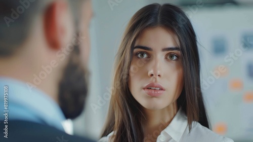 A woman with long dark hair wearing a white shirt looking intently at a man with a beard in an office setting with a whiteboard in the background.