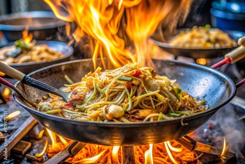 fried noodles cook in pan with big fire flame is hong kong style. Pad Thai favorite and famous Asian Thai street fast food in hot pan