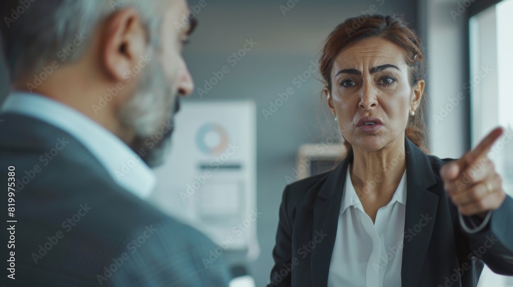 A woman in a professional suit gesturing with a stern expression engaged in a conversation with a man in a suit.