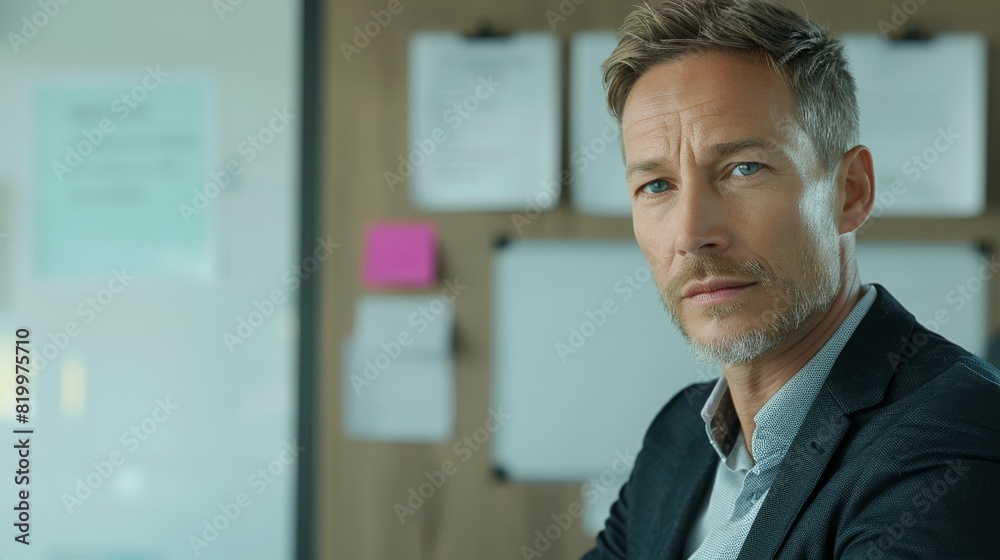 A man with a beard and blue eyes wearing a suit sitting in an office with a whiteboard in the background. A man with a beard and blue eyes wearing a suit sitting in an office with a whiteboard in the background.
