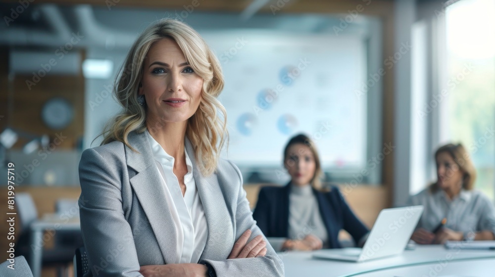 A confident woman in a professional setting wearing a gray blazer sitting at a conference table with colleagues. A confident woman in a professional setting wearing a gray blazer sitting at a conference table with colleagues.
