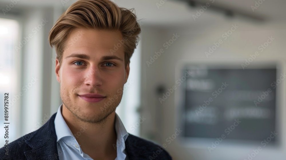 Young man with a confident smile styled hair and a smart-casual attire standing in a modern office environment with a blurred background. Young man with a confident smile styled hair and a smart-casual attire standing in a modern office environment with a blurred background.