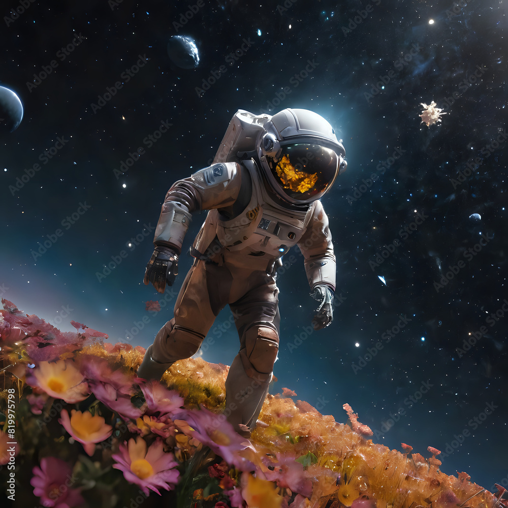 Fototapeta premium astronaut in a space suit walking on a flower bed