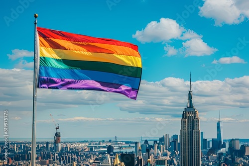 Celebrating Diversity Visibility: Vibrant Rainbow Flag Soars at Iconic Landmark.