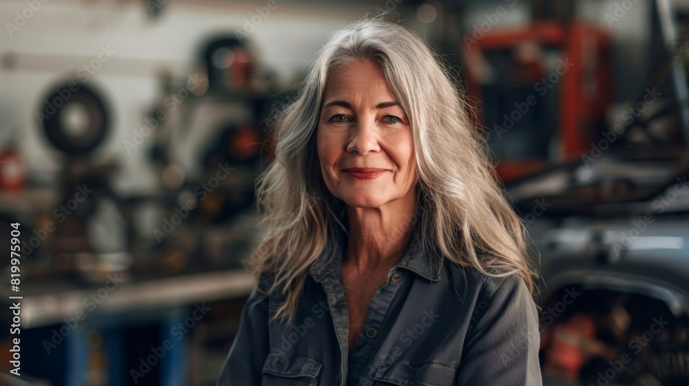 A woman with gray hair wearing a denim shirt standing in a garage with a smile on her face surrounded by various tools and equipment. A woman with gray hair wearing a denim shirt standing in a garage with a smile on her face surrounded by various tools and equipment.