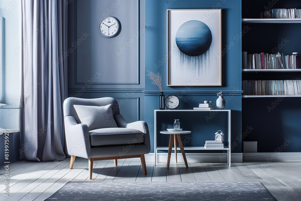 Fototapeta premium Elegant Modern Living Room with Blue Accents and Minimalist Decor