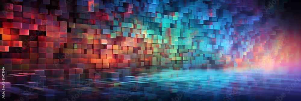 An abstract background with a digital pixel art theme.
