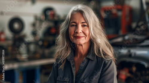 A woman with gray hair wearing a denim shirt standing in a garage with a smile on her face surrounded by various tools and equipment.