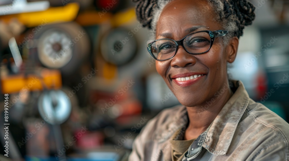 Smiling woman with glasses wearing a beige jacket in a workshop with blurred background of tools and equipment. Smiling woman with glasses wearing a beige jacket in a workshop with blurred background of tools and equipment.